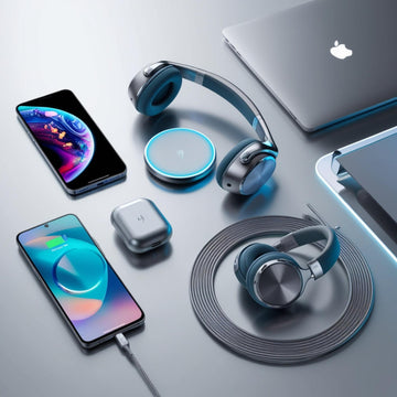 Tech products including smartphones, headphones, and a laptop on a light gray surface.