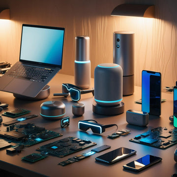 Tabletop display of electronic devices including a laptop, smartphones, and smart home gadgets.