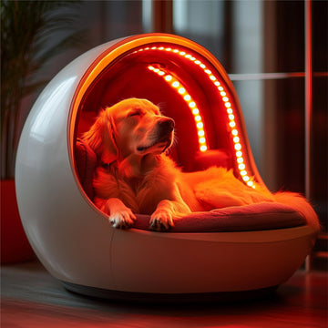 Dog lying in a modern pet bed with LED lighting in a cozy room.