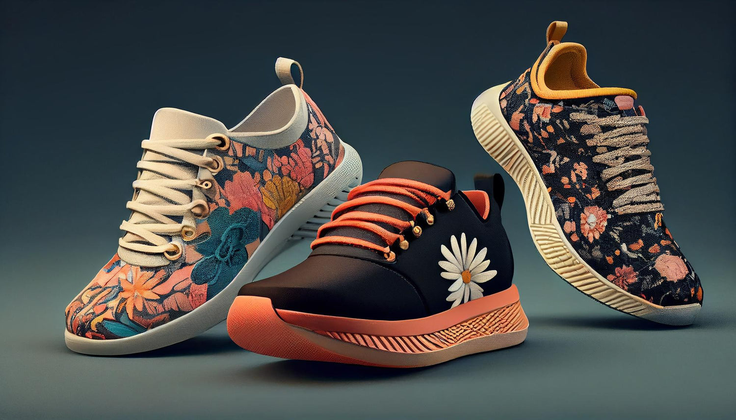 Three colorful sneakers with floral and abstract designs on a dark background