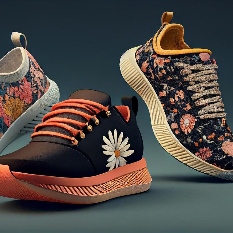 Three colorful sneakers with floral and abstract designs on a dark background