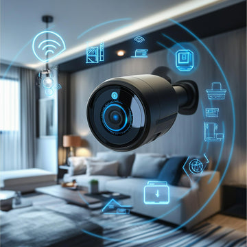 Smart home security camera in a living room with digital icons