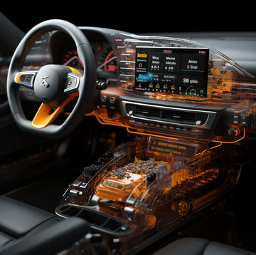 Car interior with transparent dashboard showing mechanical components
