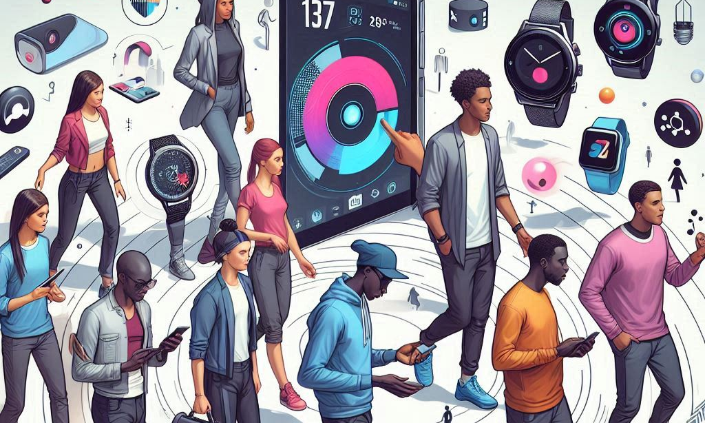 Illustration of people using smartwatches and smartphones with a digital interface.