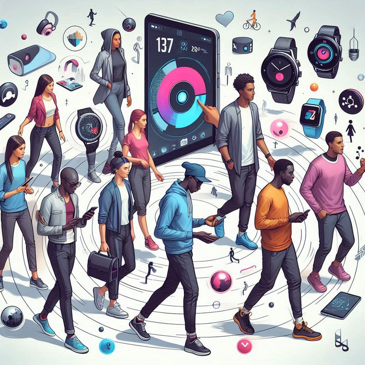 Illustration of people using technology with a central focus on a smartphone displaying a colorful app interface.
