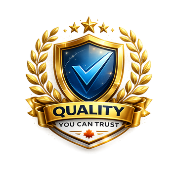 Gold emblem with a blue checkmark, stars, and a banner reading 'Quality You Can Trust' on a white background.