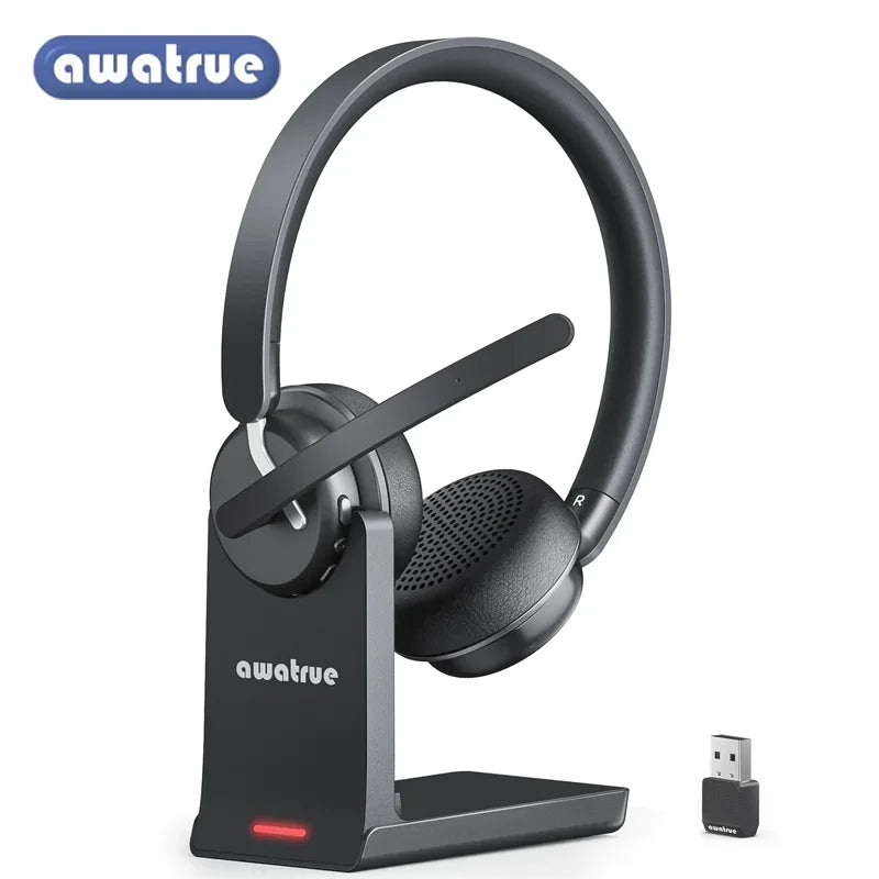 EH11 Wireless Bluetooth Headset with AI Noise Cancelling Mic & Charging Base 2.4GHz Wireless Headphone with USB Dongle (Zoom, Skype, Webex, MS Teams, etc)