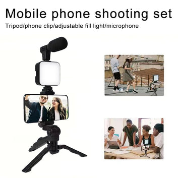 AY49 Smartphone Vlogging Kit With Tripod Phone Holder Mini Microphone LED Fill Light Starter For Live Stream Video