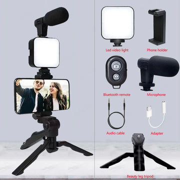 AY49 Smartphone Vlogging Kit With Tripod Phone Holder Mini Microphone LED Fill Light Starter For Live Stream Video