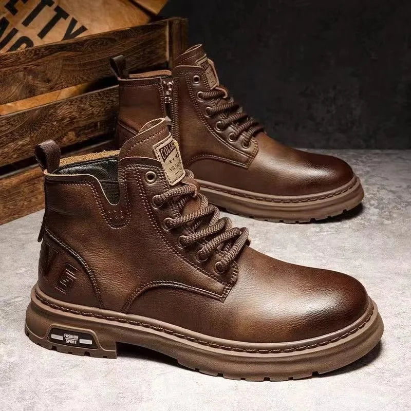 Brown leather boots with visible branding on a textured surface.