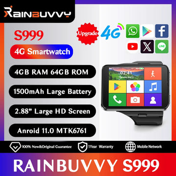 Rainbuvvy S999 4G LTE Smartwatch 4GB RAM 64GB ROM Android 11.0 MTK6761 2.88" Large Screen SIM WiFi 2MP/8MP 1500mAh Men Watch