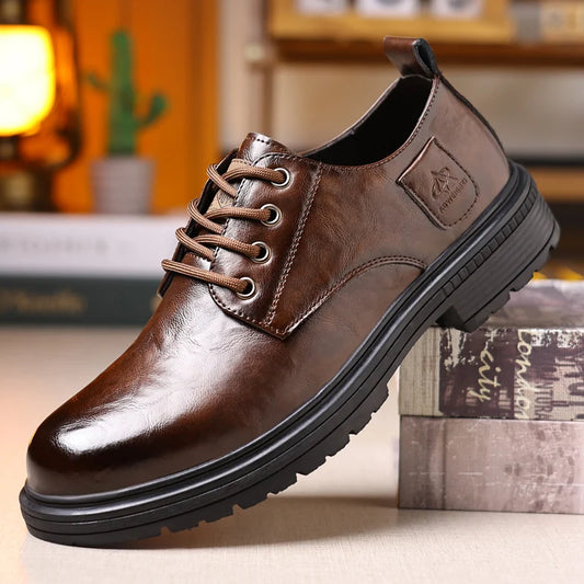 Men new breathable shoes Black waterproof leather footwear Thicksoled versatile fashion sneakers Casual comfort male board shoes