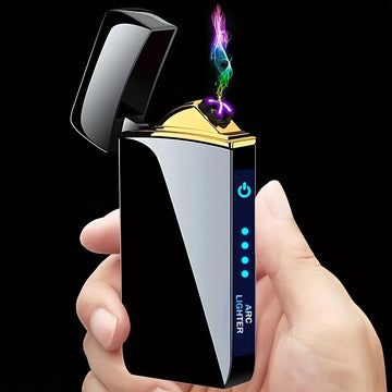 Hand holding a modern electronic lighter with colorful flame effect on a black background