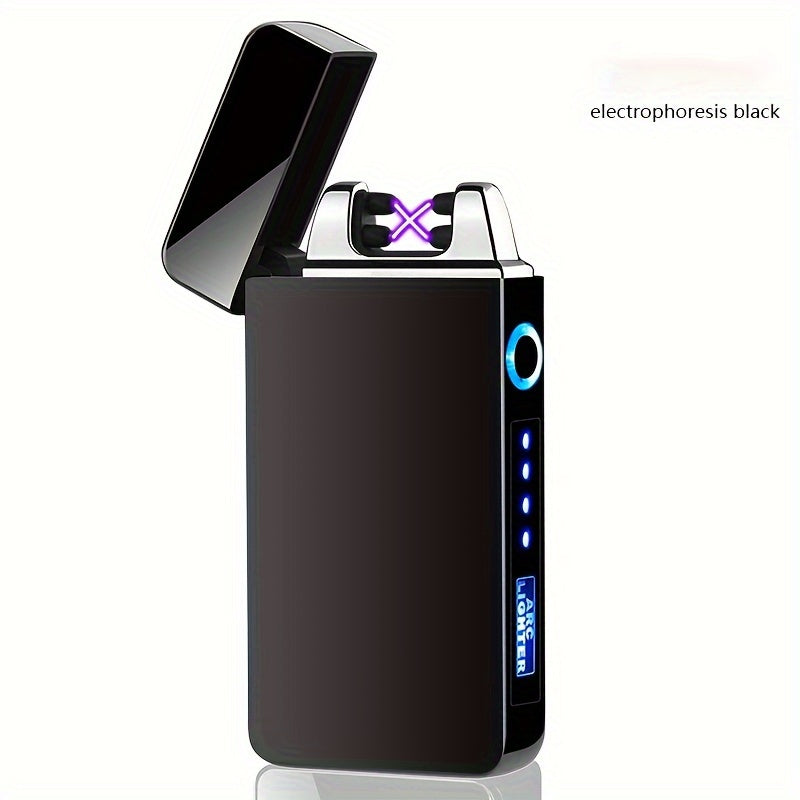 1pc Hot Electric Windproof Metal Lighter, Double Arc Flameless Plasma Rechargeable USB Lighter, LED Power Display Touch Sensor Lighter Christmas Gift