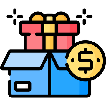 Illustration of an open box with gift boxes and a coin featuring a dollar sign on a white background